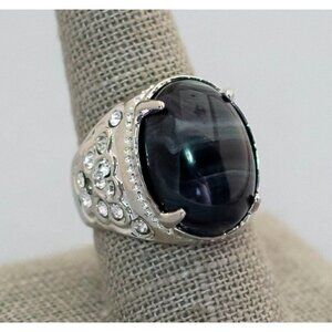 Size 9, Black Gem Silver Tone Gothic Victorian Oval Stone Ring - C4